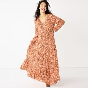 Sonoma Tiered Long Sleeve Maxi Dress Red Multi Floral Print Low Waist Plus 1X